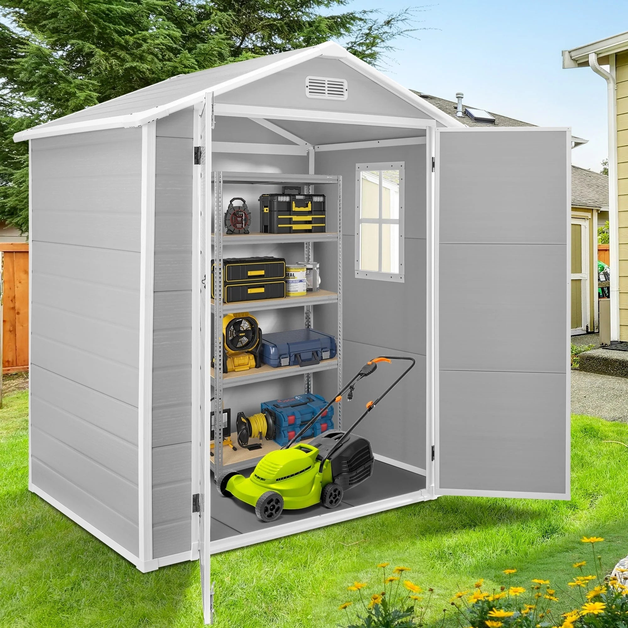 Abri de jardin en résine plastique tout temps avec plancher, dimensions : 1,83 m x 1,22 m / 1,83 m x 2,44 m / 2,44 m x 1,83 m / 2,44 m x 3,05 m.