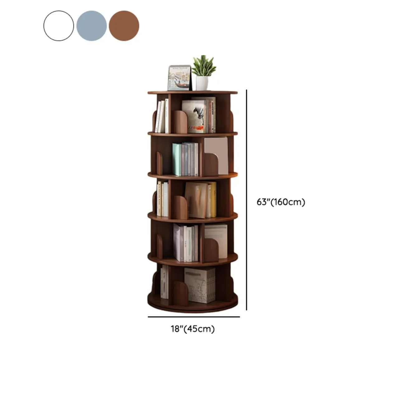 Bibliothèque cylindrique en bois marron à dos ouvert et pivotante