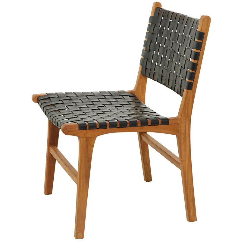 Chaises de salle à manger tressées faites à la main en cuir avec cadre en bois de teck - Lot de 2 Marron, Blanc ou Noir - Roche River Decor