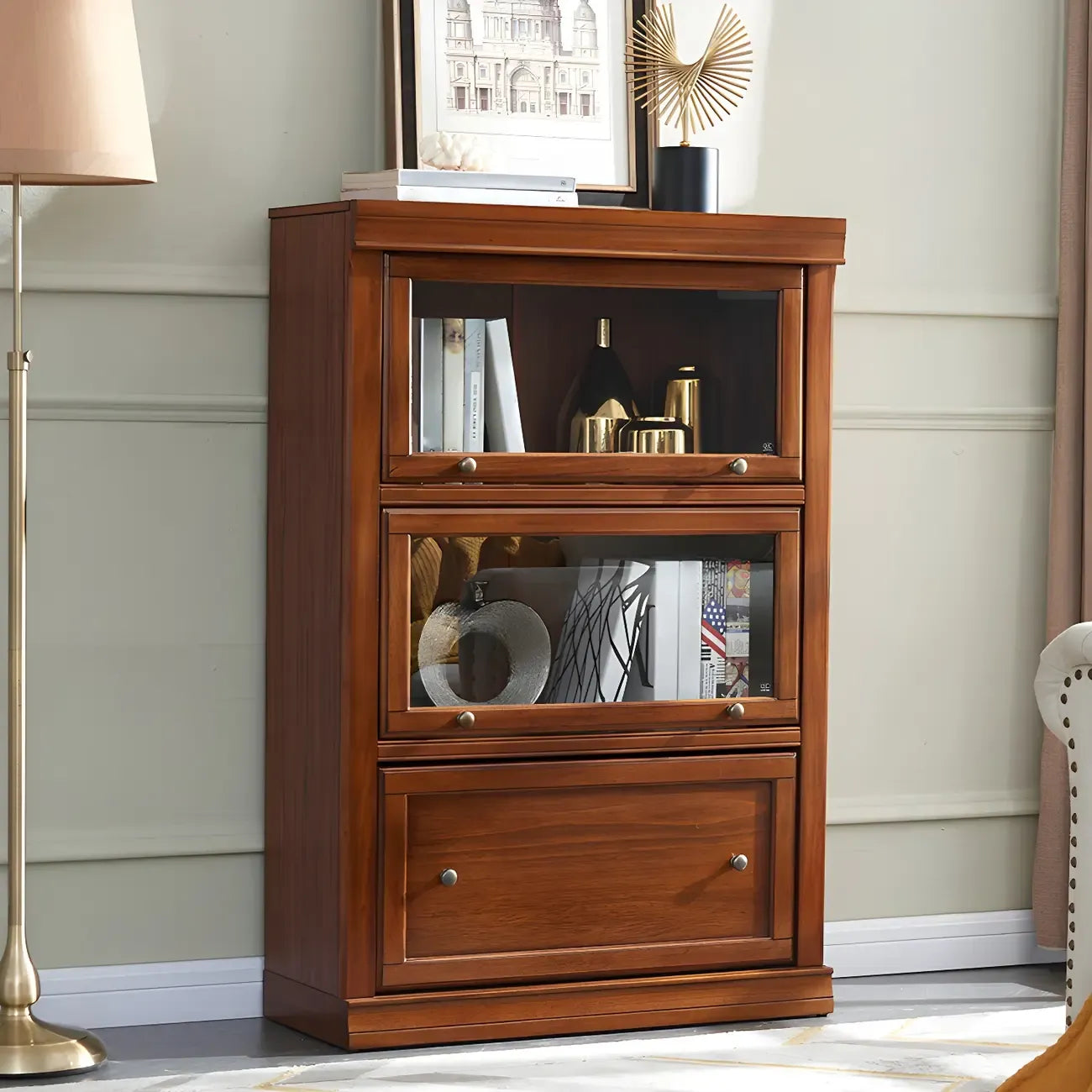 Bibliothèque de bureau en bois couleur expresso avec portes vitrées