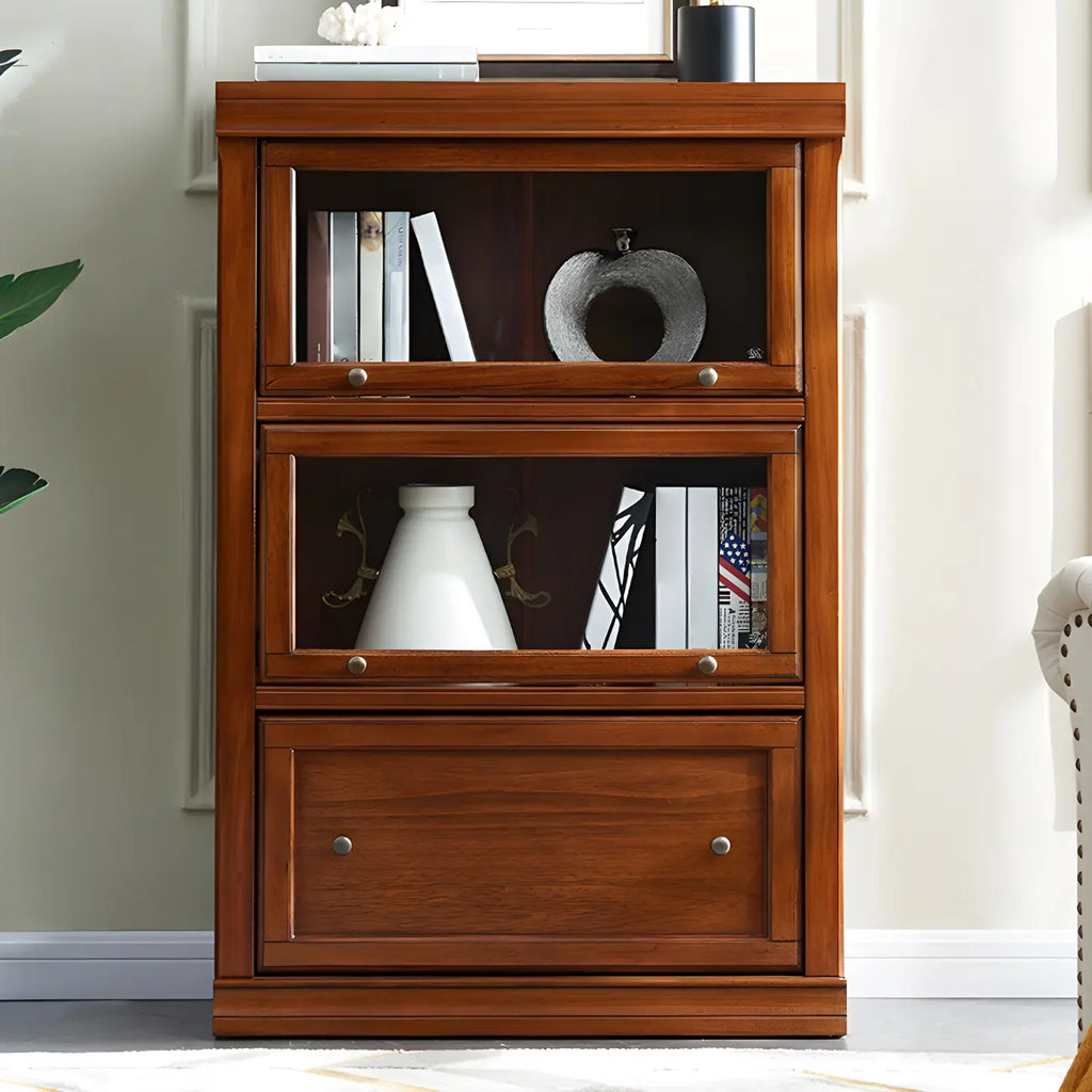 Bibliothèque de bureau en bois couleur expresso avec portes vitrées