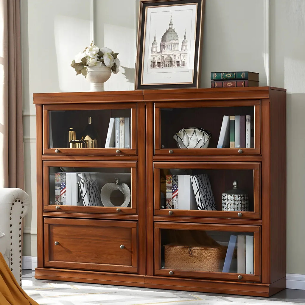 Bibliothèque de bureau en bois couleur expresso avec portes vitrées