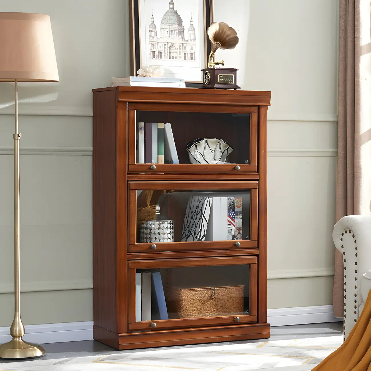 Bibliothèque de bureau en bois couleur expresso avec portes vitrées