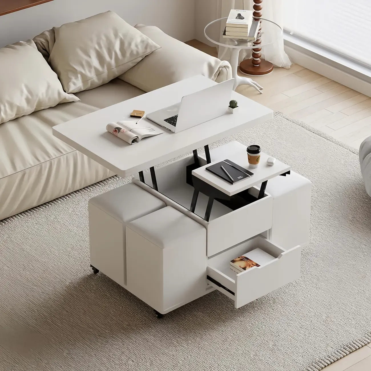 Table basse pliable à plateau relevable avec 4 tabourets et rangement