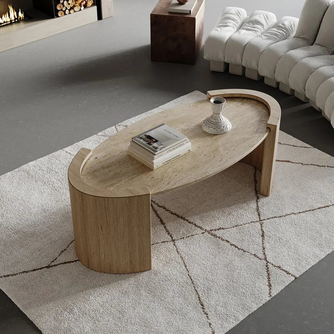 Table basse ovale en travertin Japandi à double piédestal