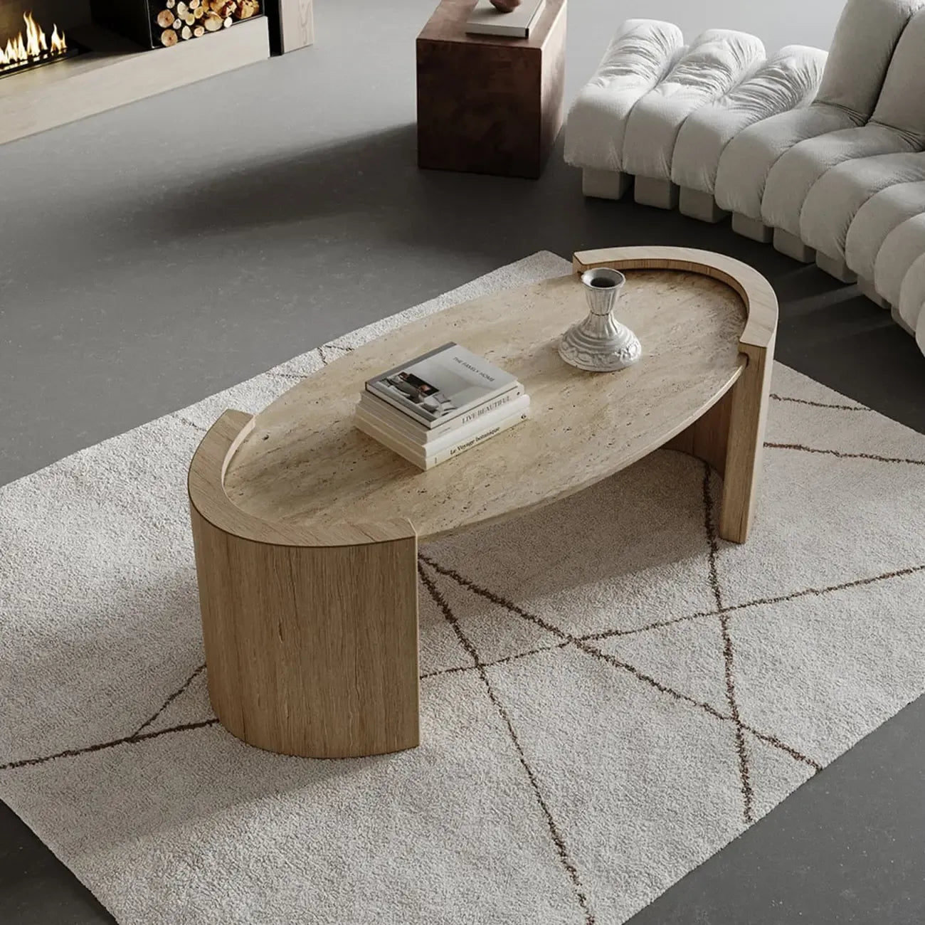 Table basse ovale en travertin Japandi à double piédestal