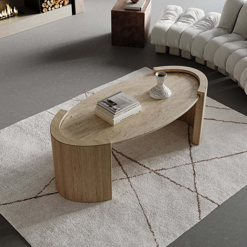 Table basse ovale en travertin Japandi à double piédestal