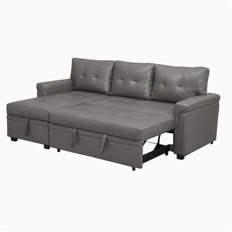 Canapé d'angle convertible et réversible avec lit gigogne, méridienne de rangement dissimulée et pieds robustes.