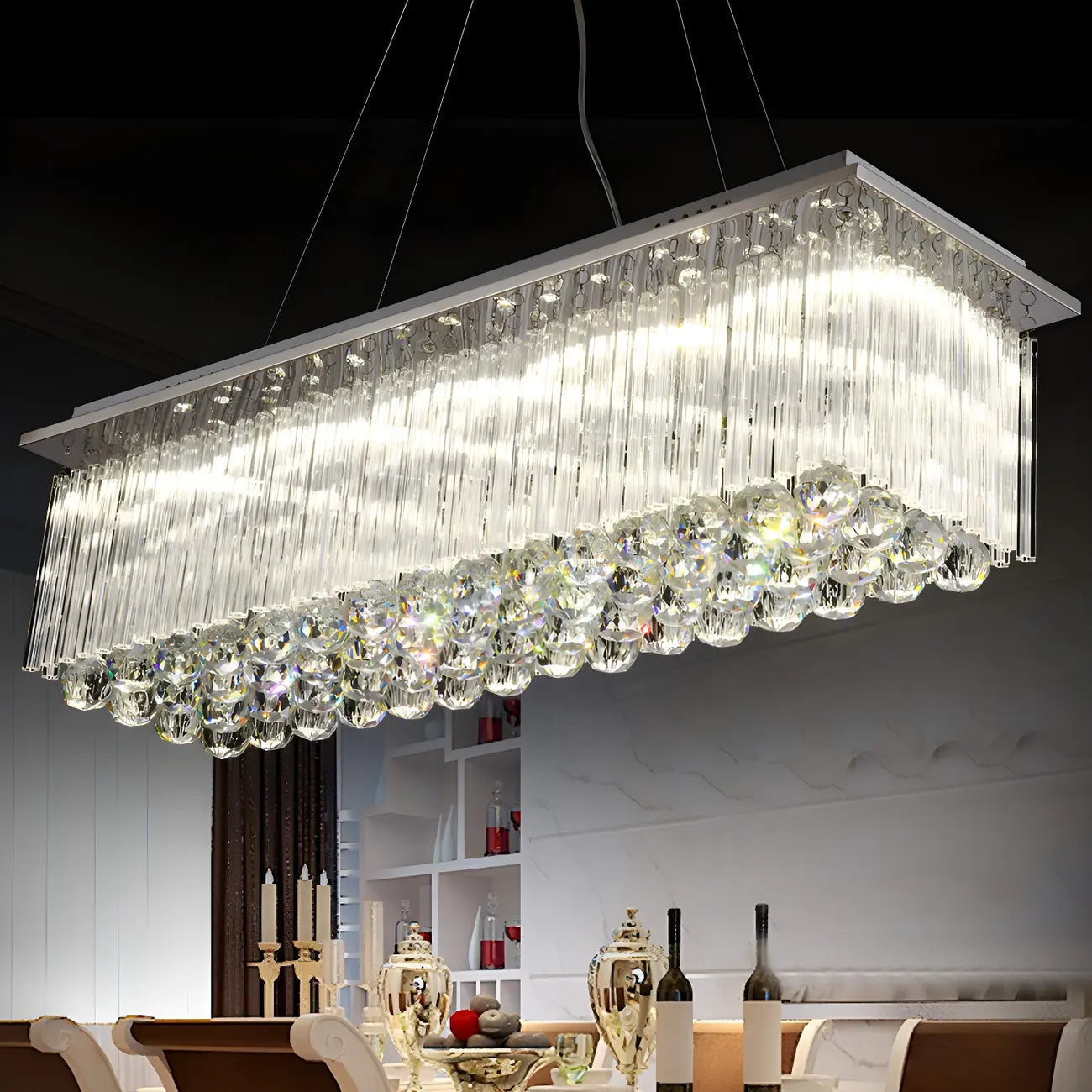 Suspension rectangulaire luxueuse à LED en cristal