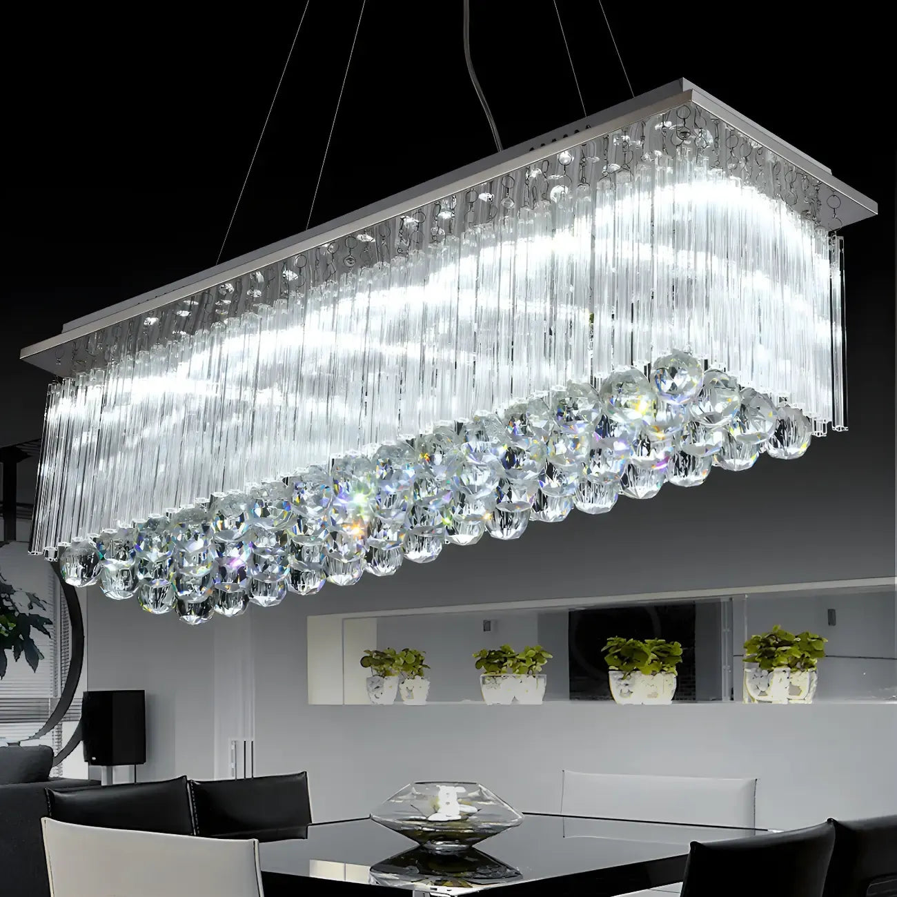 Suspension rectangulaire luxueuse à LED en cristal