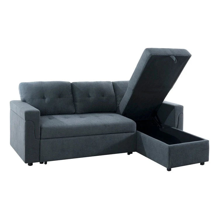 Canapé d'angle convertible et réversible avec lit gigogne, méridienne de rangement dissimulée et pieds robustes.