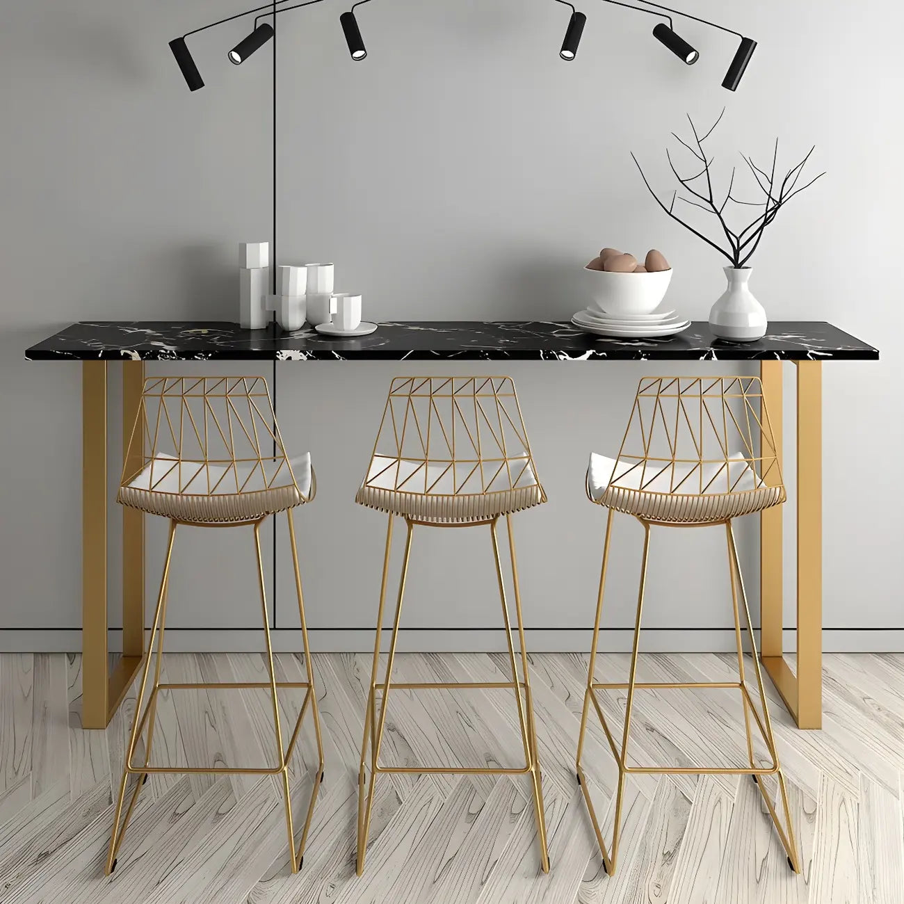 Table de bar haute rectangulaire en marbre noir avec piètement doré