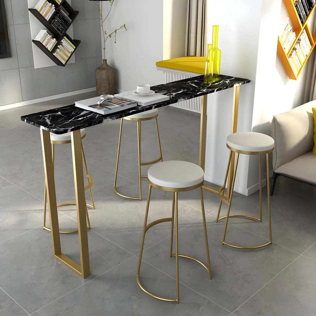 Table de bar haute rectangulaire en marbre noir avec piètement doré