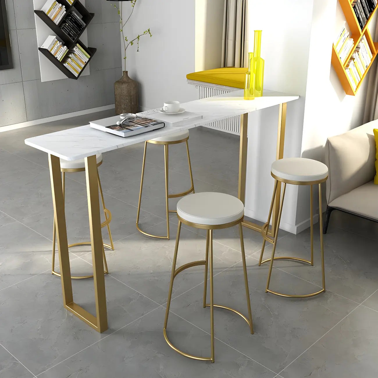 Table de bar haute rectangulaire en marbre noir avec piètement doré