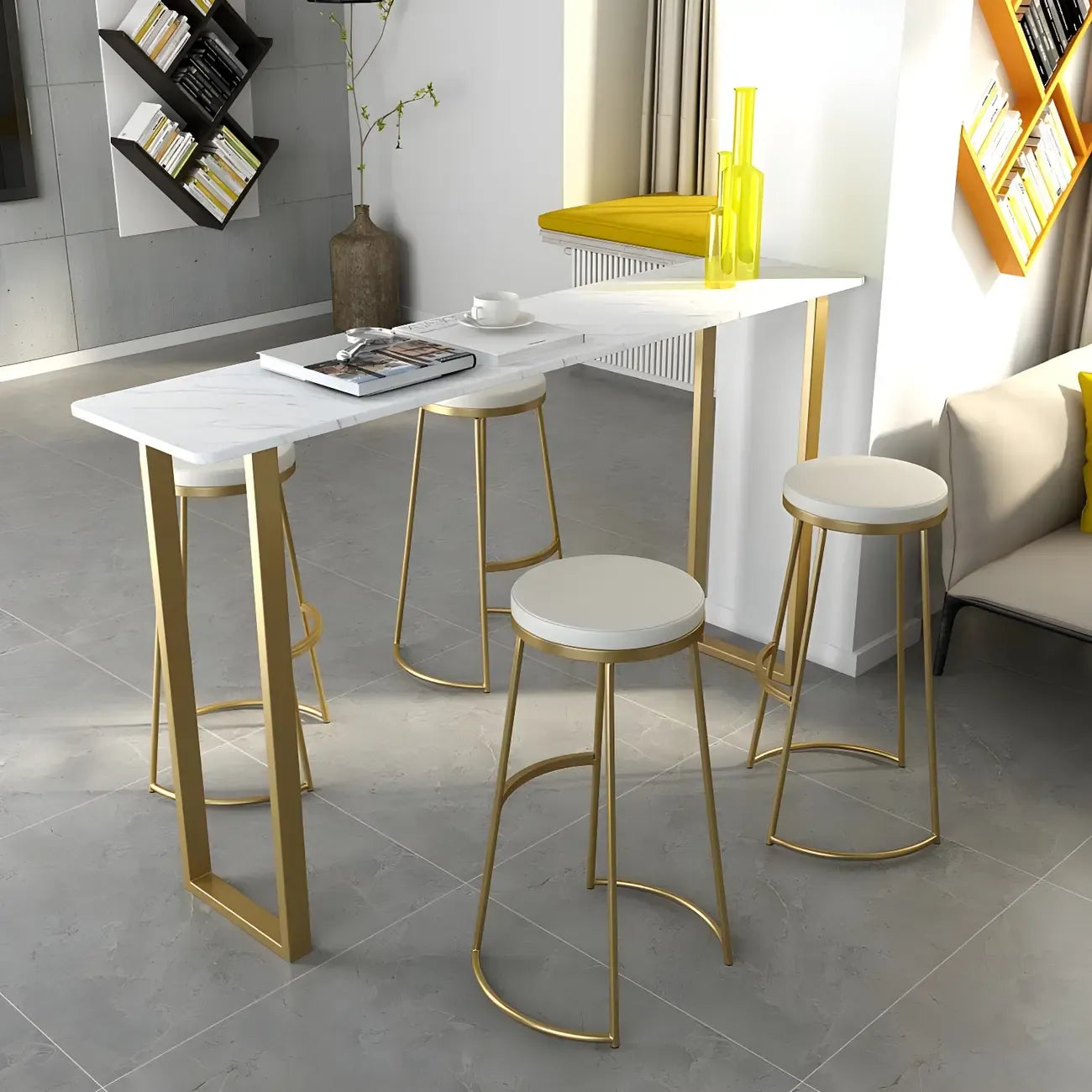 Table de bar haute rectangulaire en marbre noir avec piètement doré