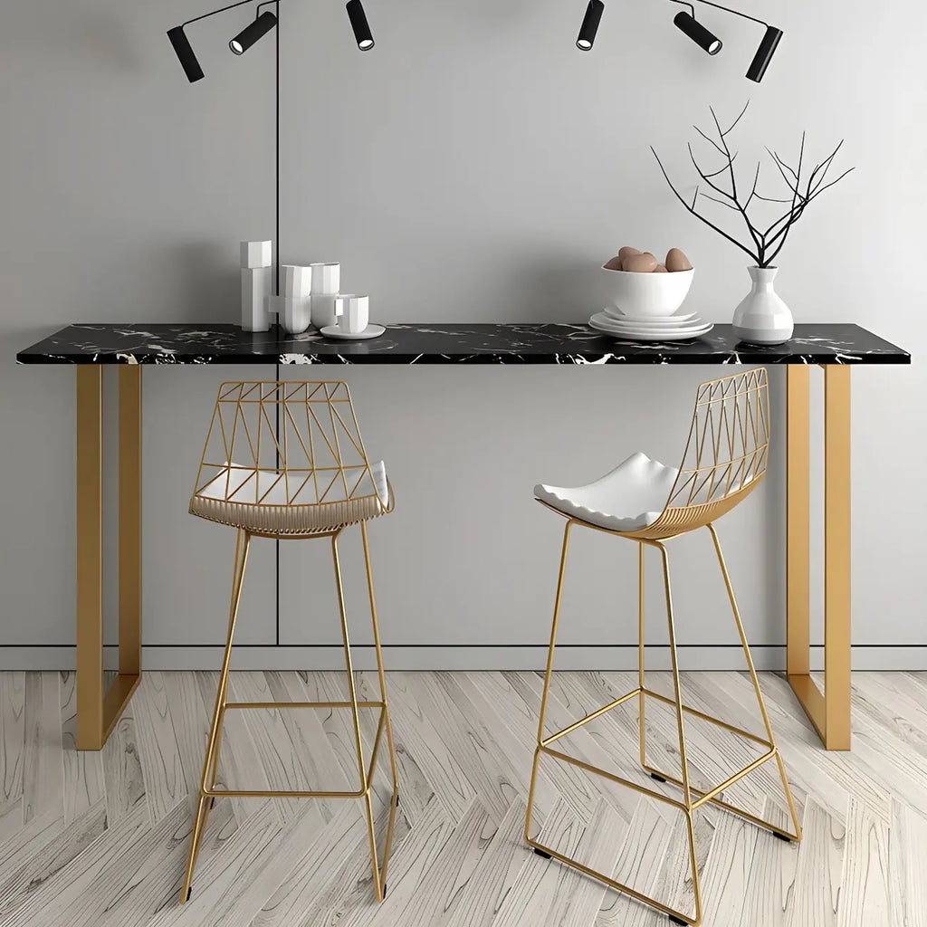 Table de bar haute rectangulaire en marbre noir avec piètement doré