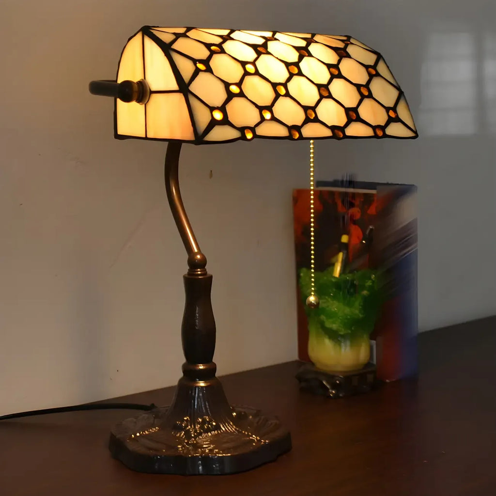 Lampe de table rétro HomeyFad en vitrail LED, style banquier, avec chaînette.
