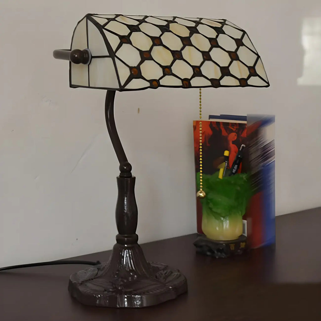 Lampe de table rétro HomeyFad en vitrail LED, style banquier, avec chaînette.