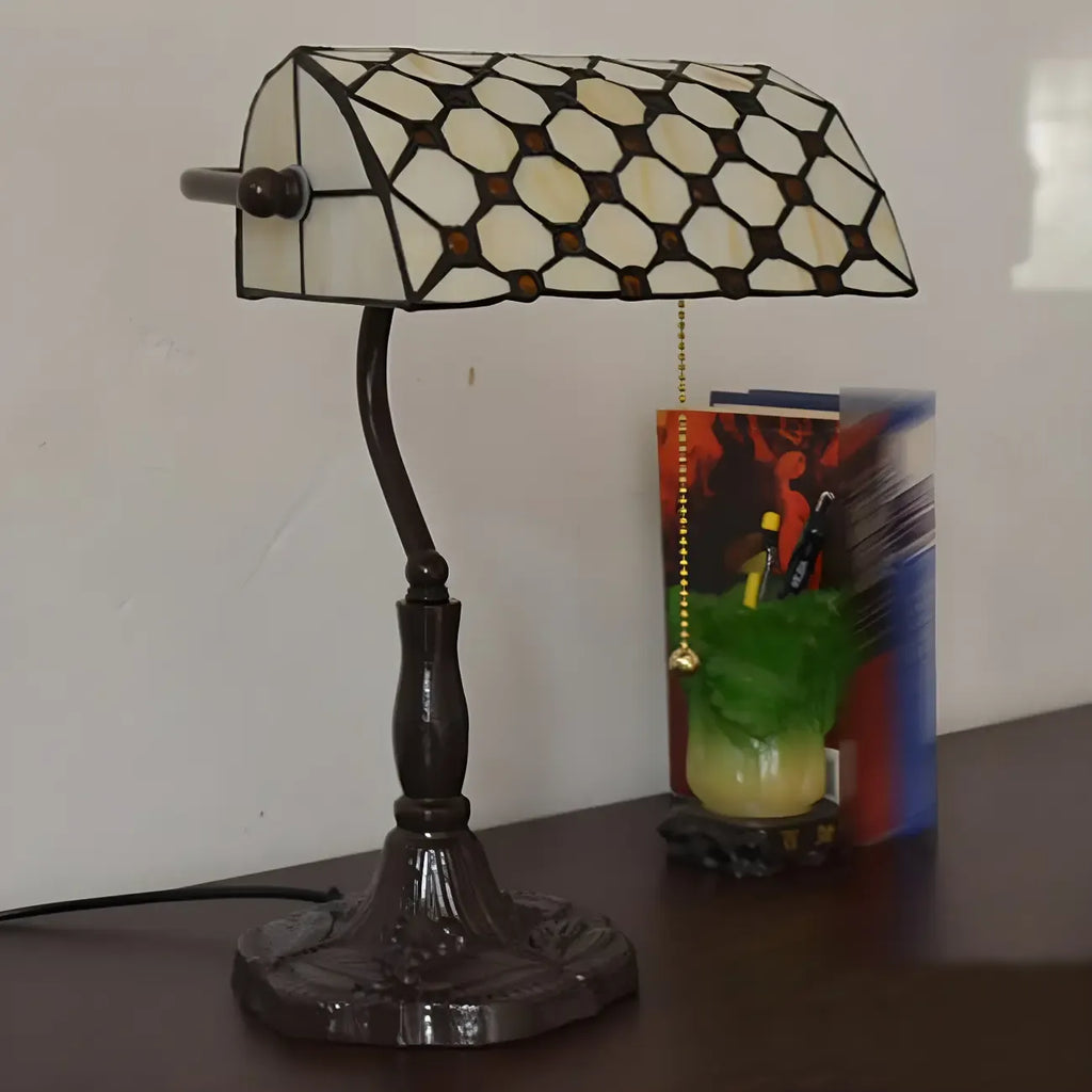 Lampe de table rétro HomeyFad en vitrail LED, style banquier, avec chaînette.