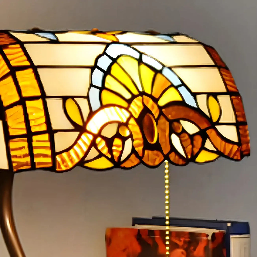 Lampe de table rétro HomeyFad en vitrail LED, style banquier, avec chaînette.