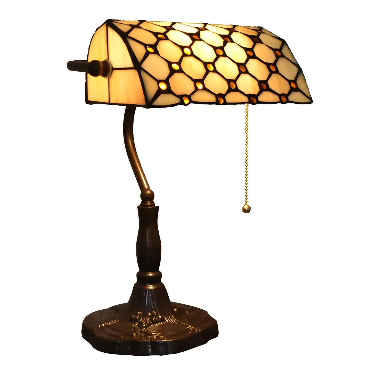 Lampe de table rétro HomeyFad en vitrail LED, style banquier, avec chaînette.