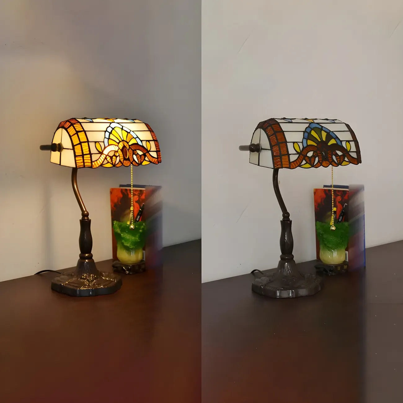 Lampe de table rétro HomeyFad en vitrail LED, style banquier, avec chaînette.