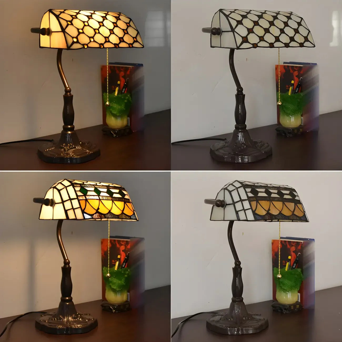 Lampe de table rétro HomeyFad en vitrail LED, style banquier, avec chaînette.