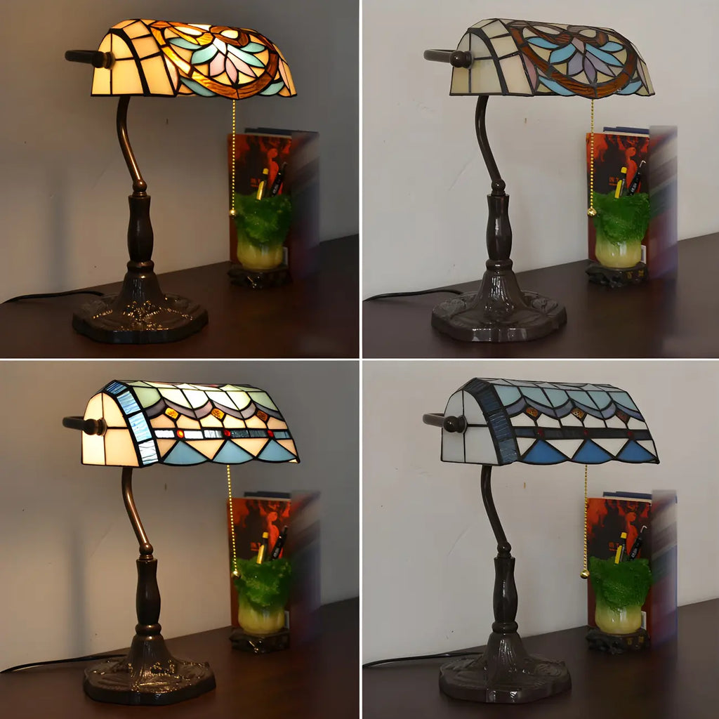 Lampe de table rétro HomeyFad en vitrail LED, style banquier, avec chaînette.