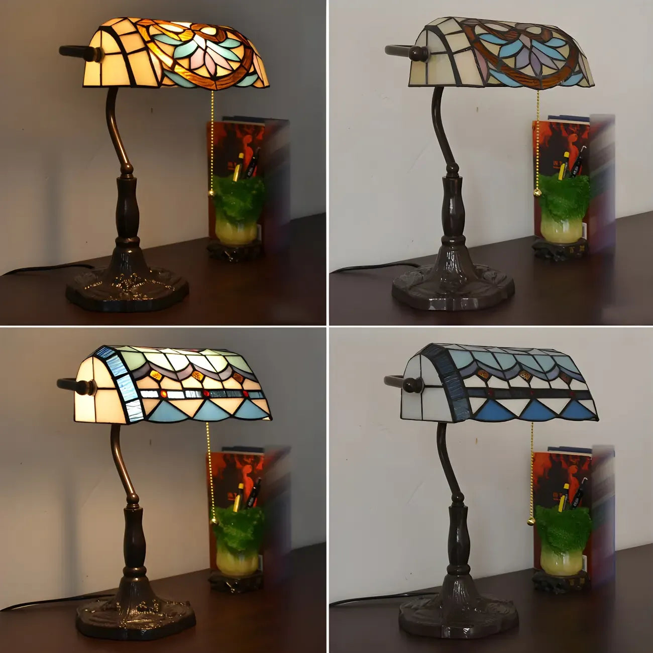 Lampe de table rétro HomeyFad en vitrail LED, style banquier, avec chaînette.