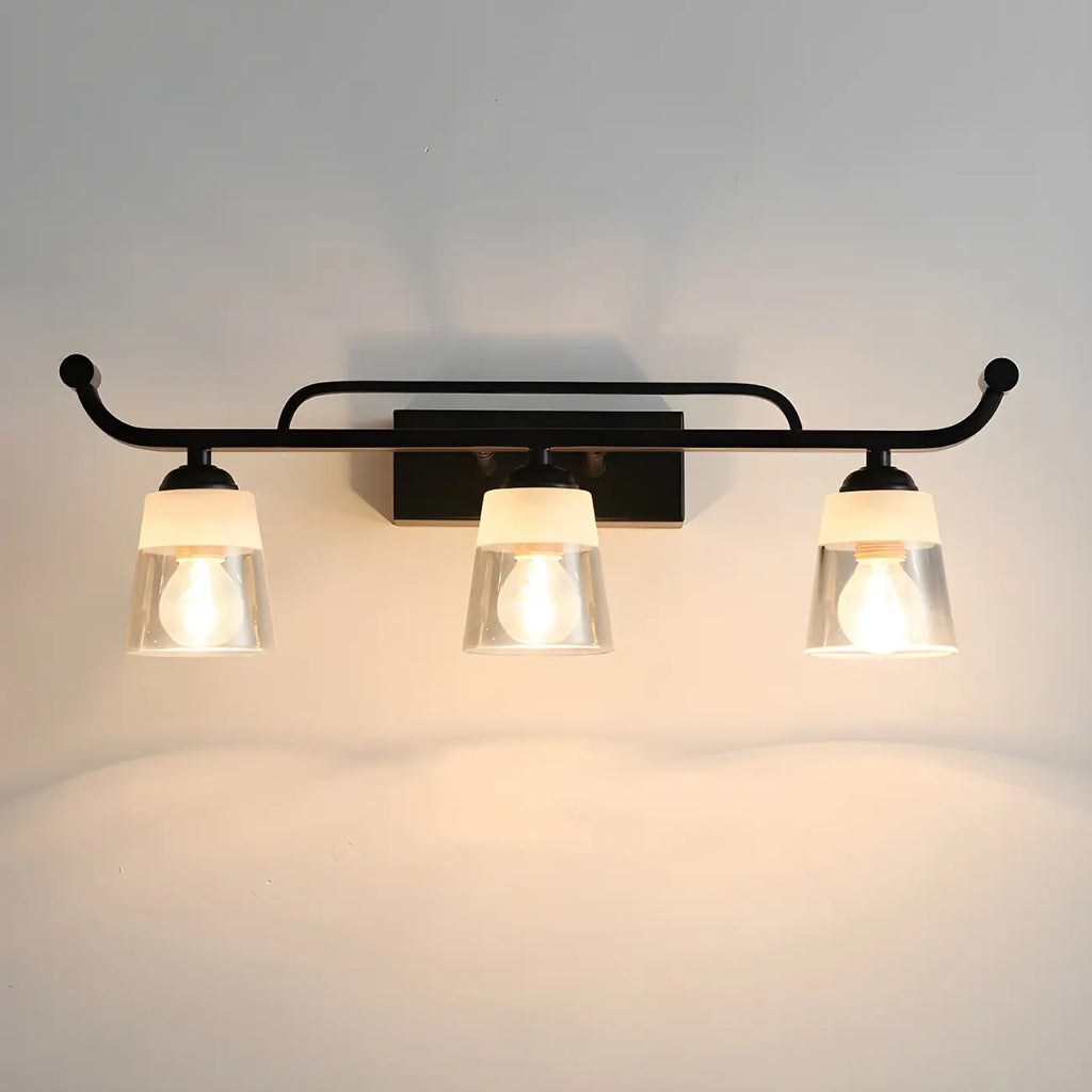 Applique da bagno nera a 3 luci moderna con campana in vetro dritta
