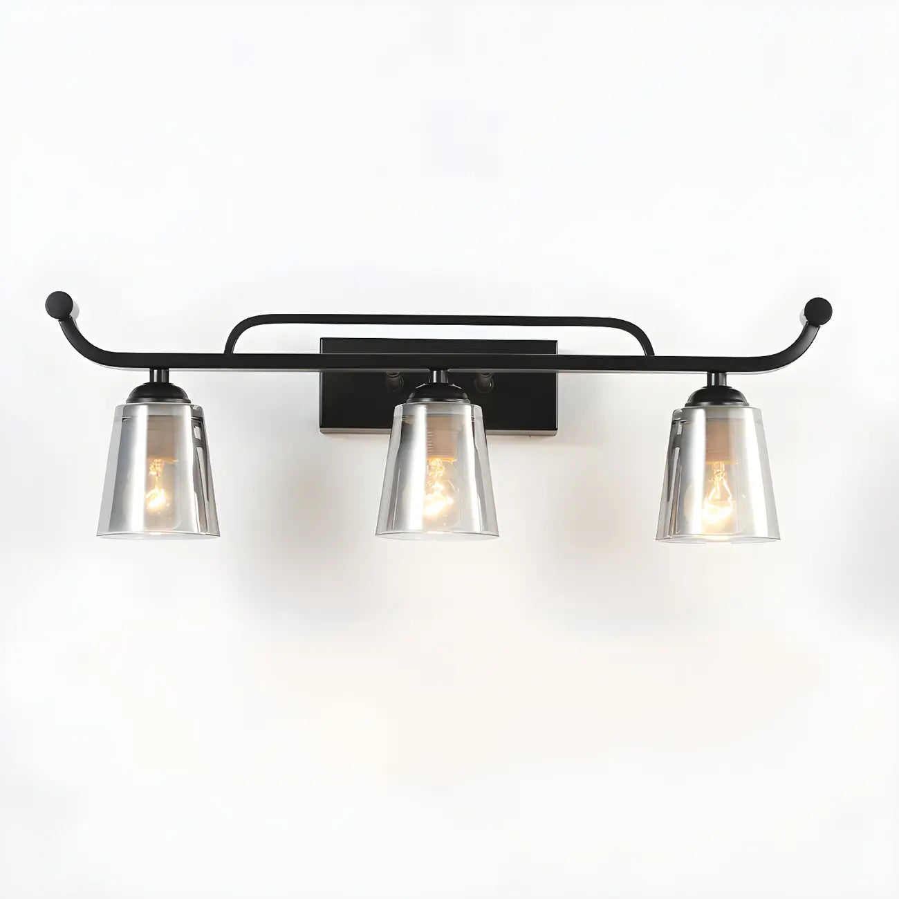 Applique da bagno nera a 3 luci moderna con campana in vetro dritta