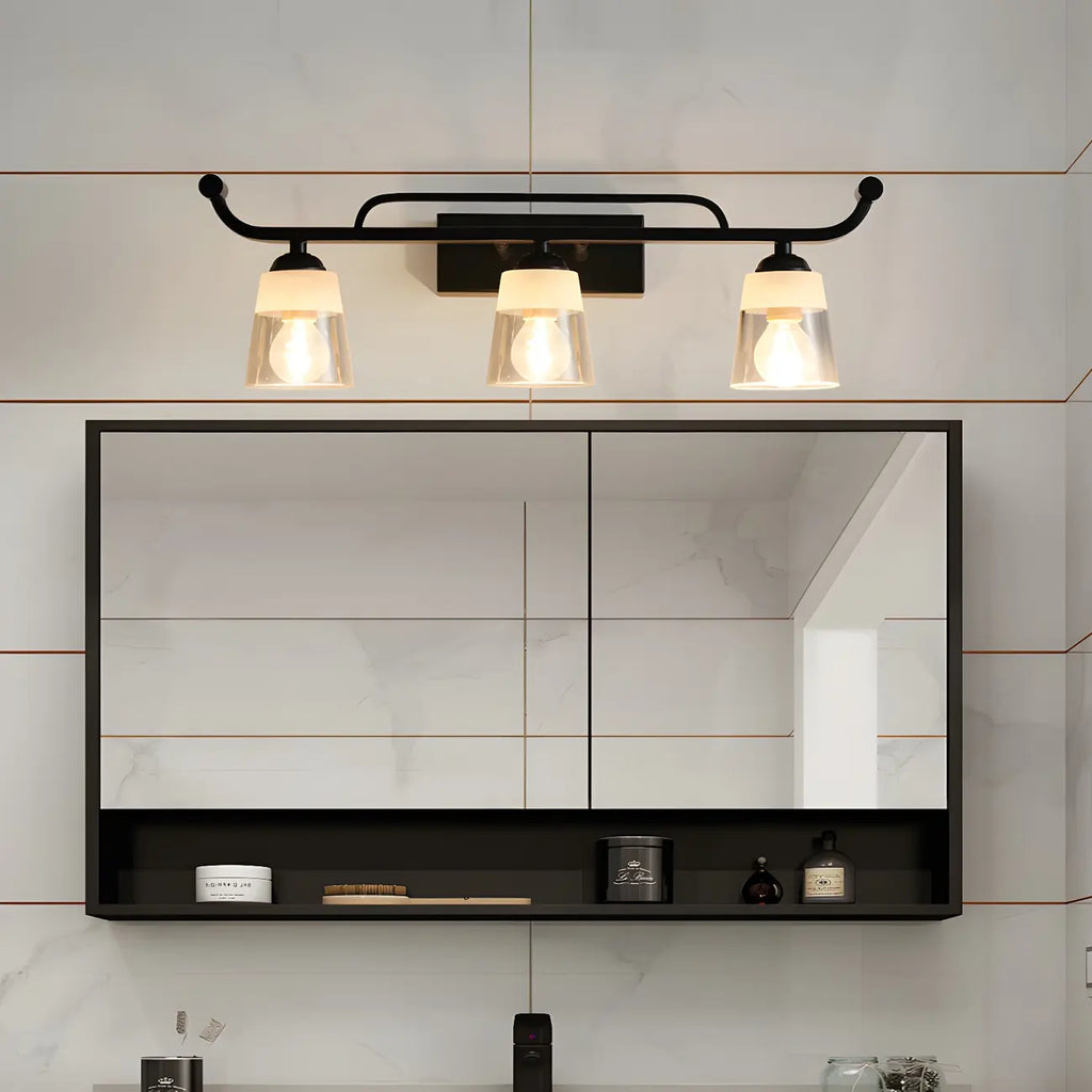 Applique da bagno nera a 3 luci moderna con campana in vetro dritta