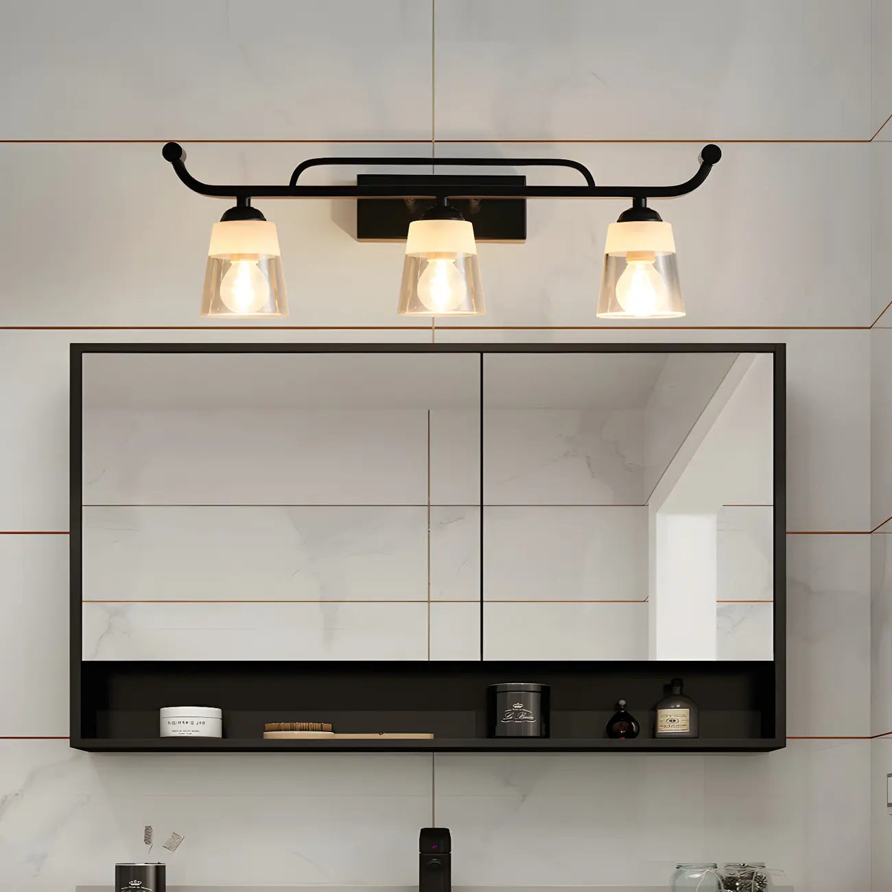 Applique da bagno nera a 3 luci moderna con campana in vetro dritta