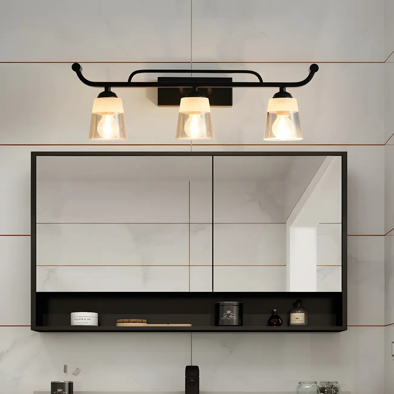 Applique da bagno nera a 3 luci moderna con campana in vetro dritta