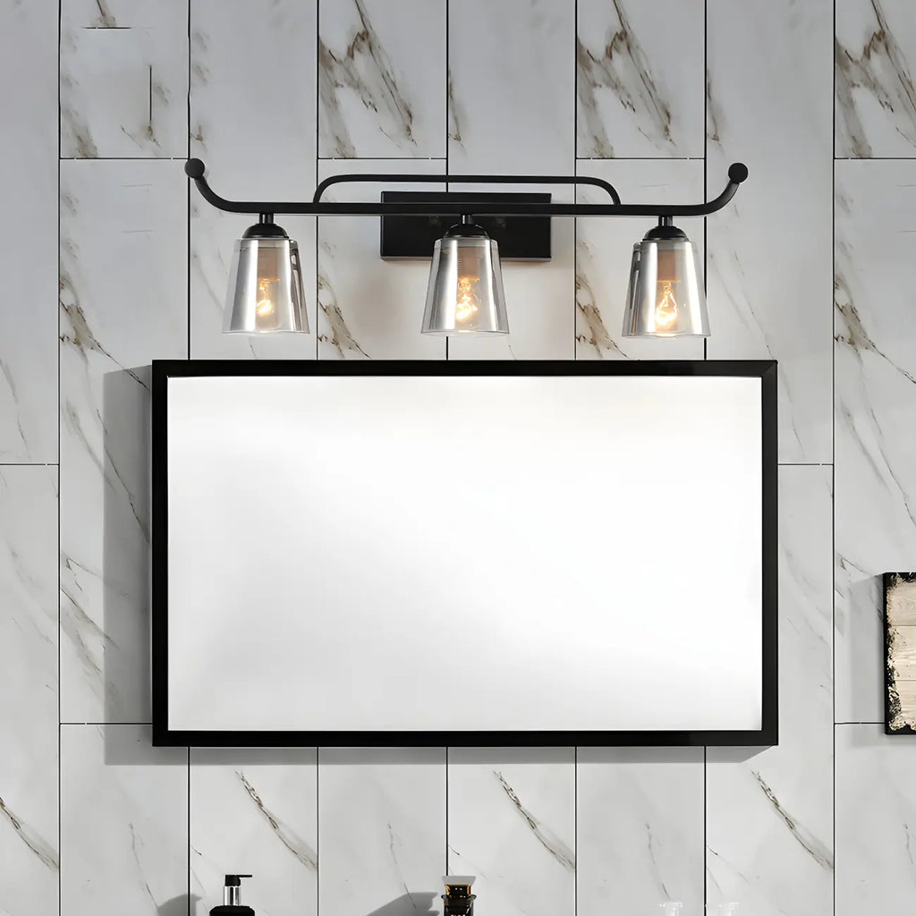 Applique da bagno nera a 3 luci moderna con campana in vetro dritta