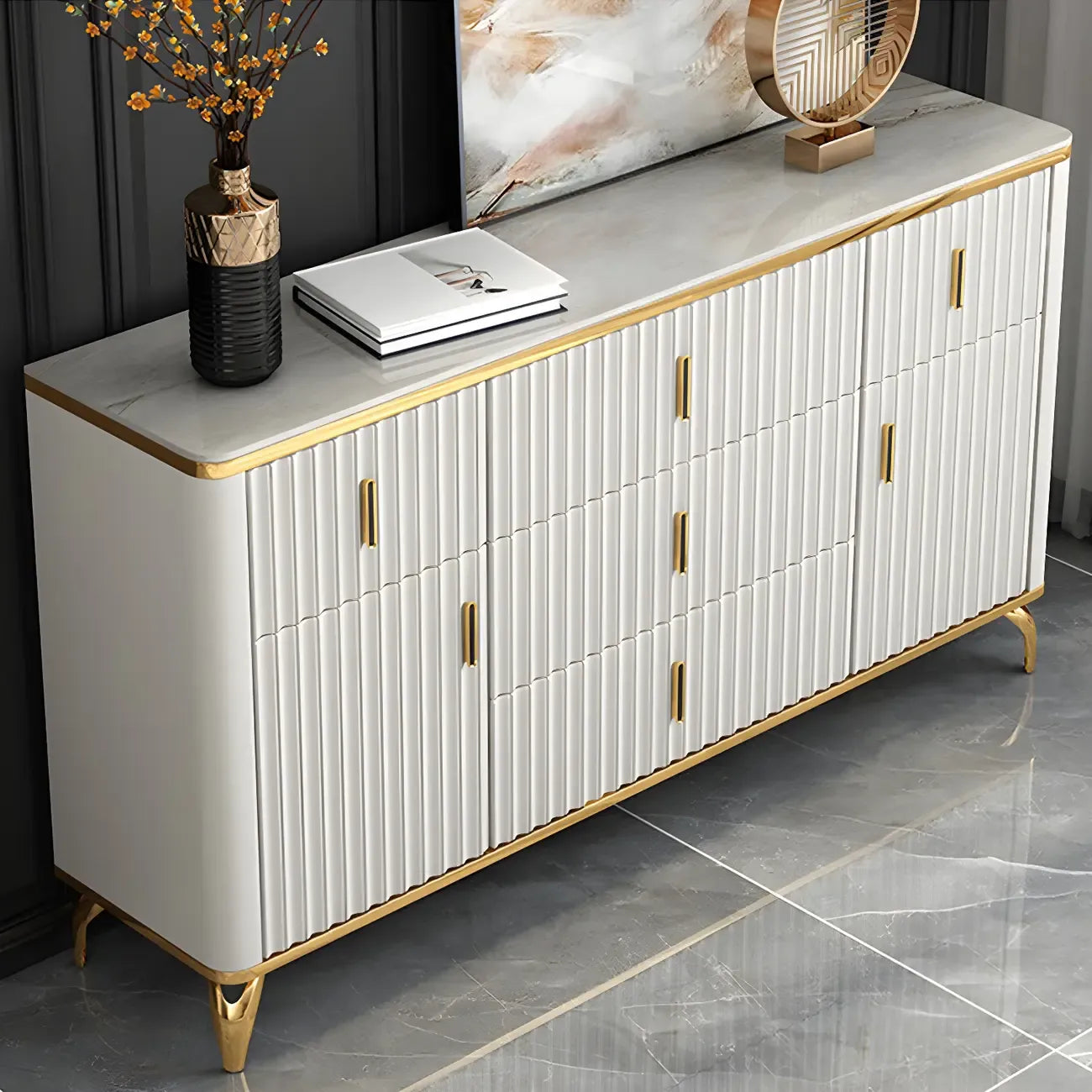 Commodes et coffres élégants en bois gris avec poignées dorées