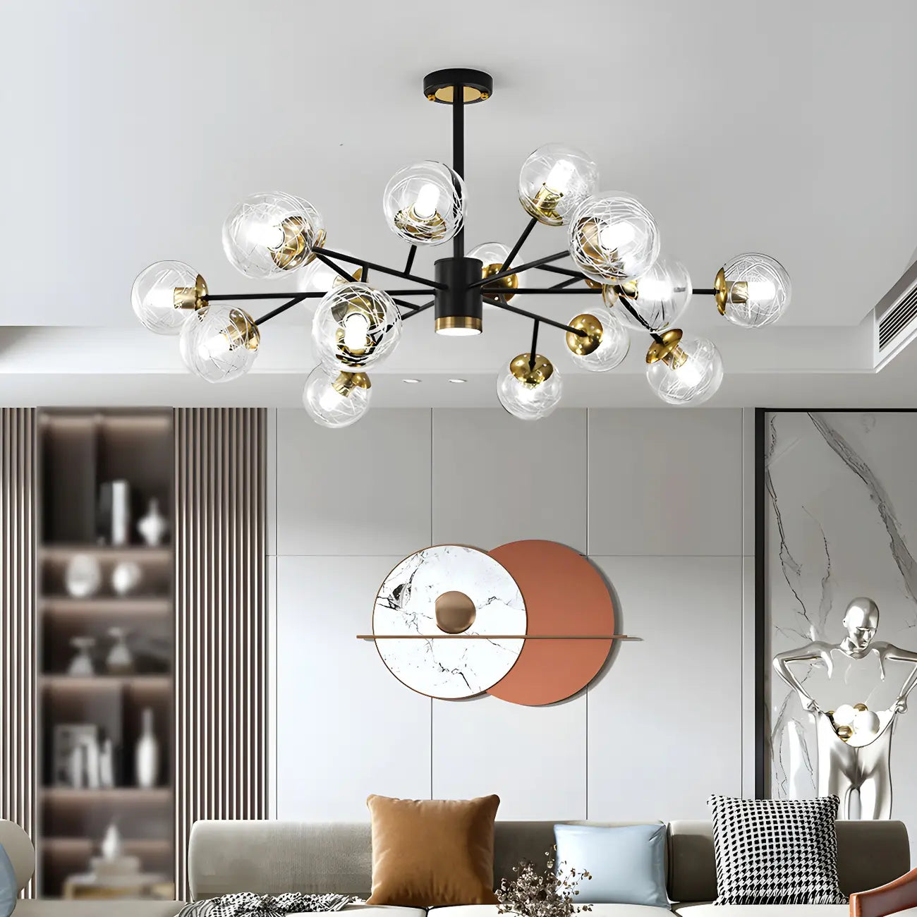 Lustre Sputnik sphérique en métal et verre transparent, style moderne du milieu du siècle