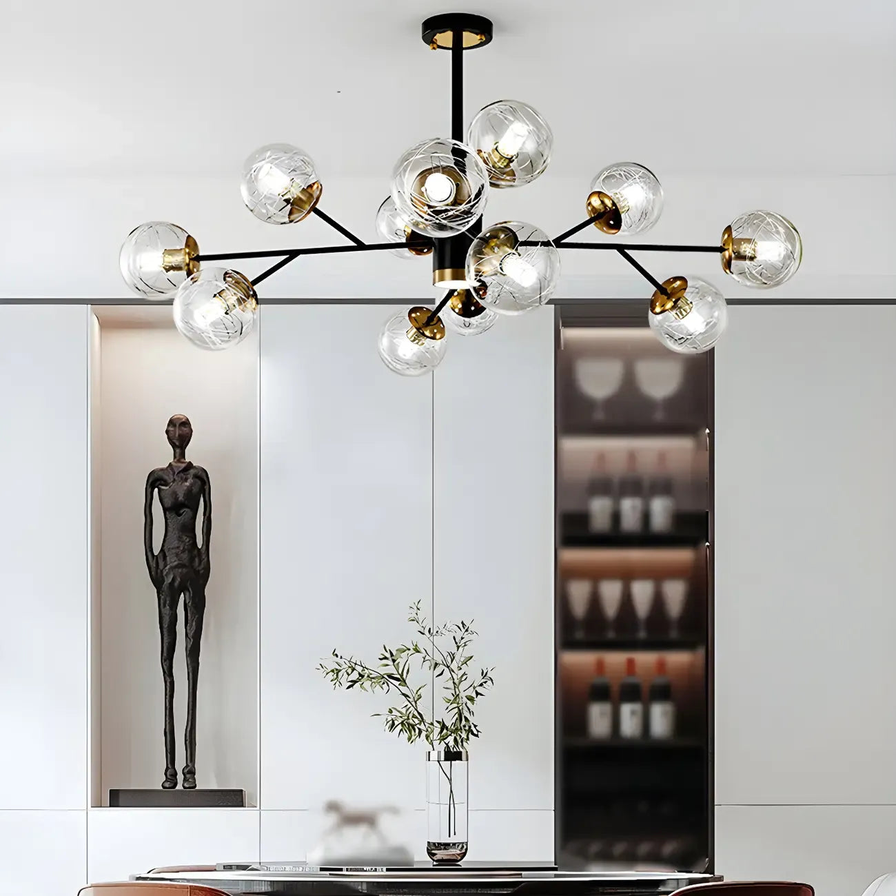 Lustre Sputnik sphérique en métal et verre transparent, style moderne du milieu du siècle