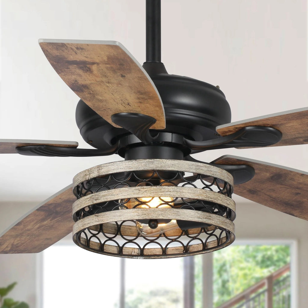 Ventilateur de plafond 5 pales noir à cage, style ferme, avec télécommande