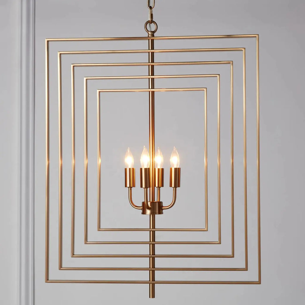 Lustre moderne rectangulaire en métal doré à structure cage