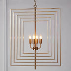 Lustre moderne rectangulaire en métal doré à structure cage