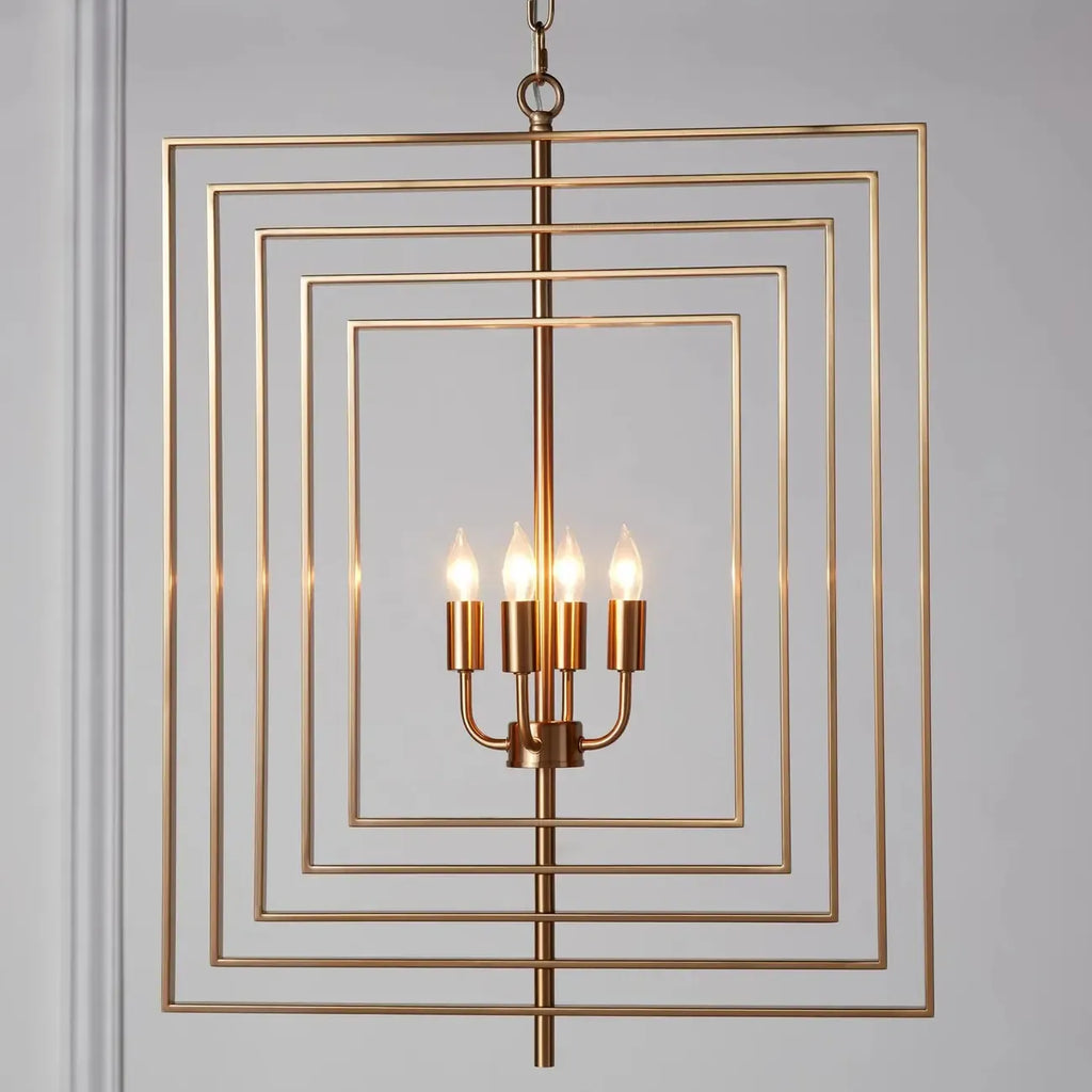 Lustre moderne rectangulaire en métal doré à structure cage