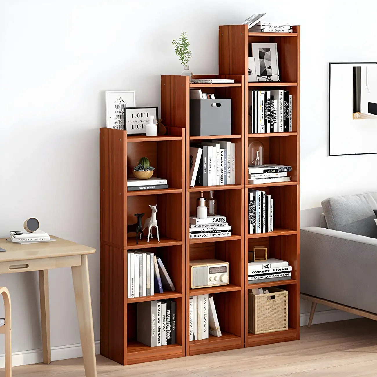 Bibliothèque d'angle verticale haute à 5 étagères HomeyFad en bois naturel