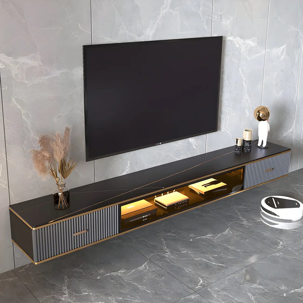 Meuble TV suspendu Long Stone à 2 tiroirs, noir