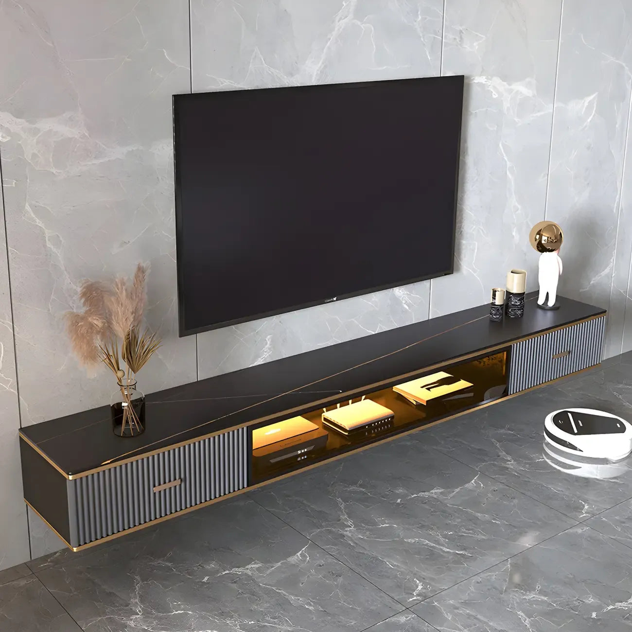 Meuble TV suspendu Long Stone à 2 tiroirs, noir