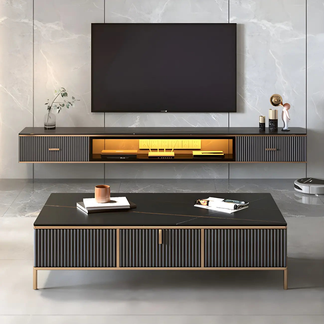 Meuble TV suspendu Long Stone à 2 tiroirs, noir