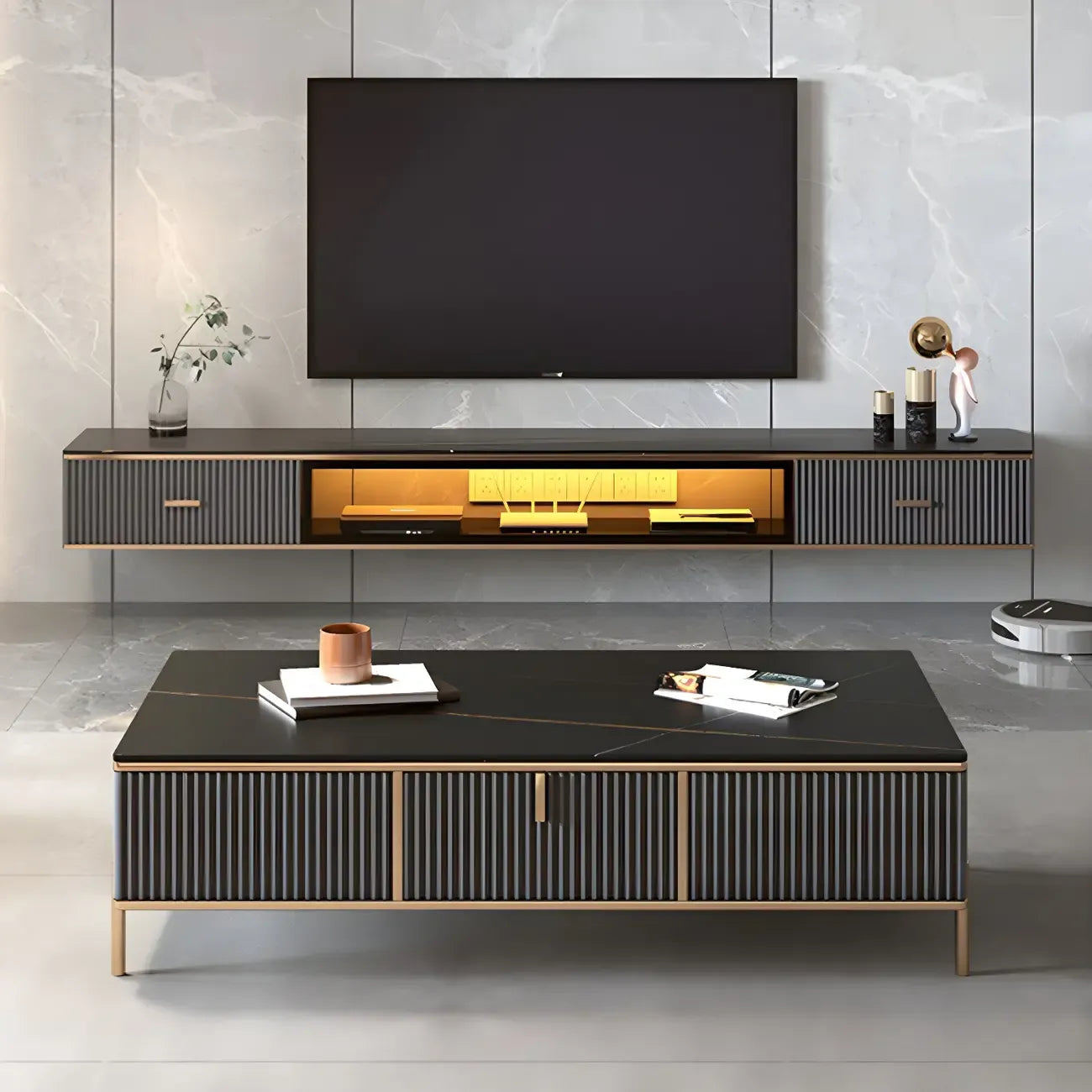 Meuble TV suspendu Long Stone à 2 tiroirs, noir