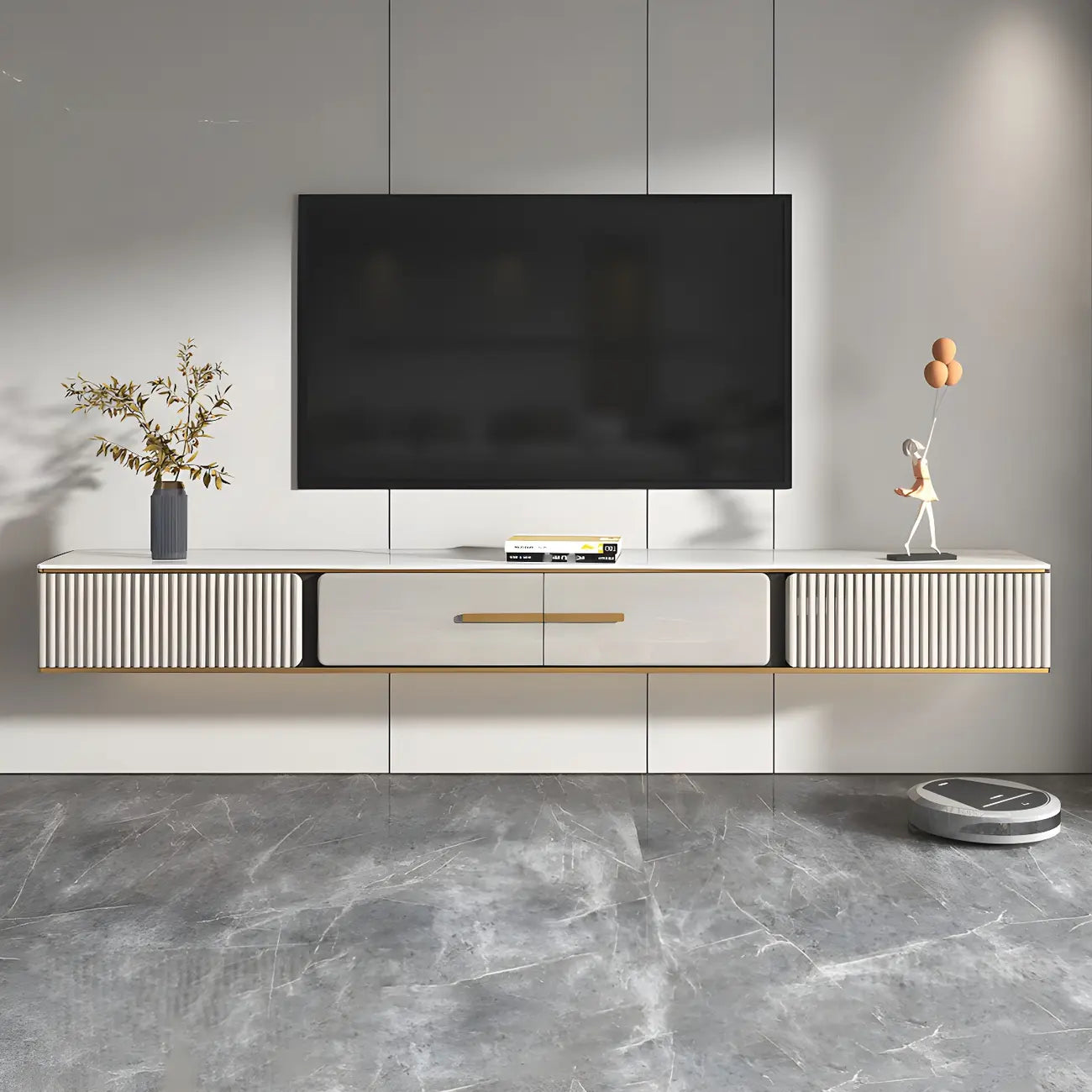 Meuble TV suspendu Long Stone à 2 tiroirs, noir