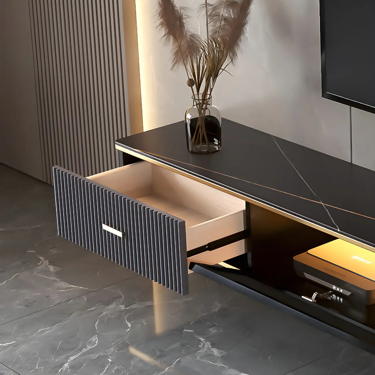 Meuble TV suspendu Long Stone à 2 tiroirs, noir