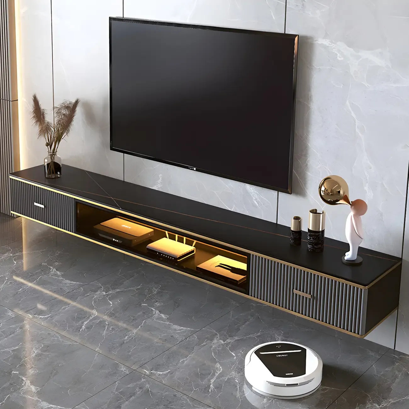 Meuble TV suspendu Long Stone à 2 tiroirs, noir
